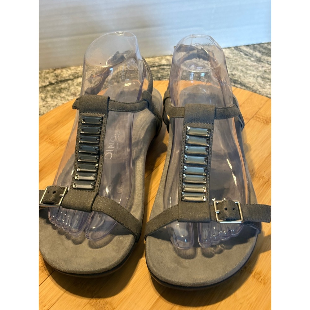 Vionic Farra Grey Embellished T-Strap Orthotic Sandals Womens Sz 9